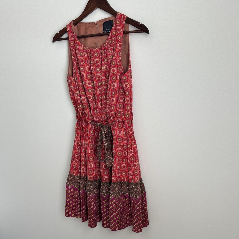 Anna Sui Anthropologie Silk Pink & Brown Patterned Mini Dress with Belt